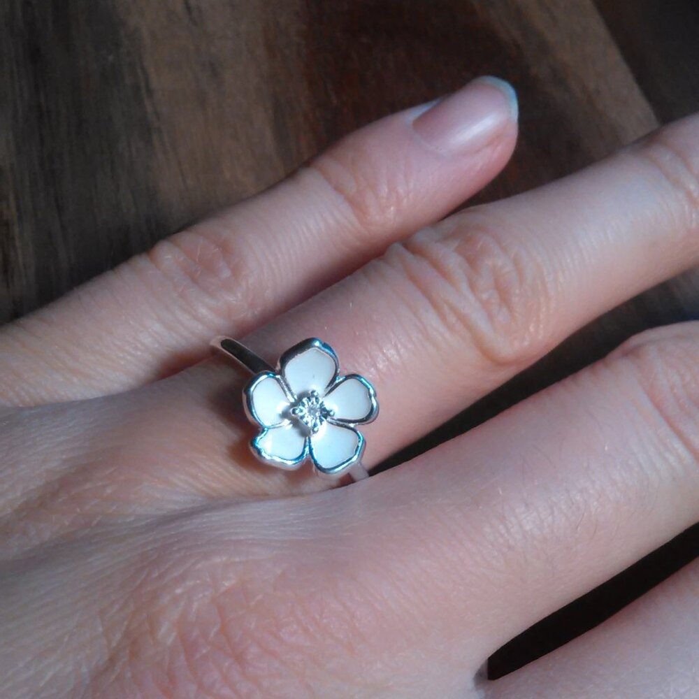 Diamond Accent and White Enameled Sterling Silver Floral Ring (Size 8)